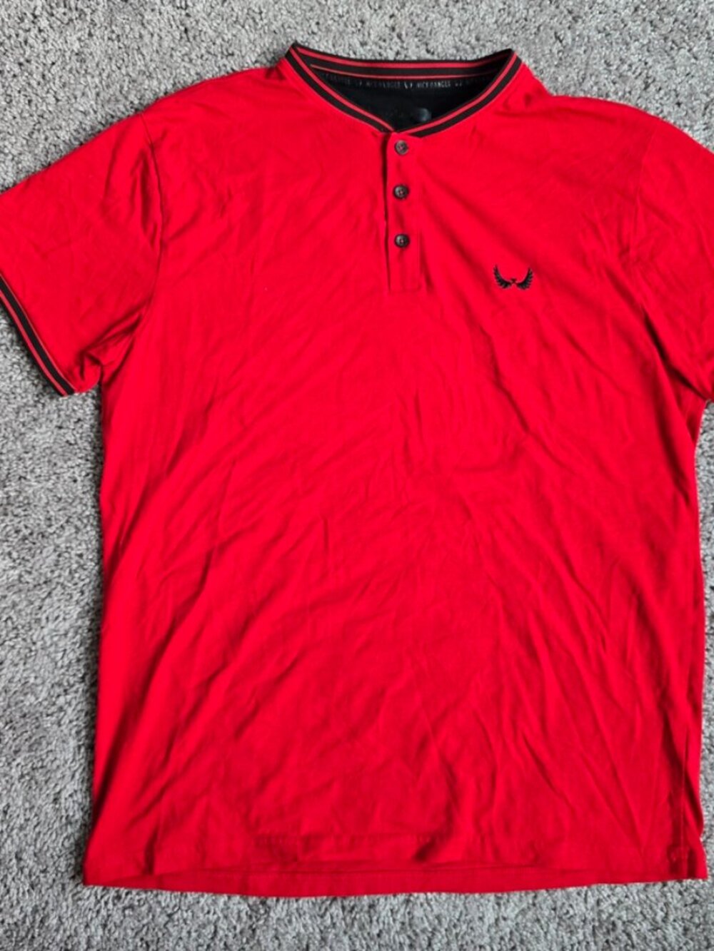 Nick Danger Mens Henley Polo Shirt Short Sleeve Mandarin Collar Wing Logo L Red